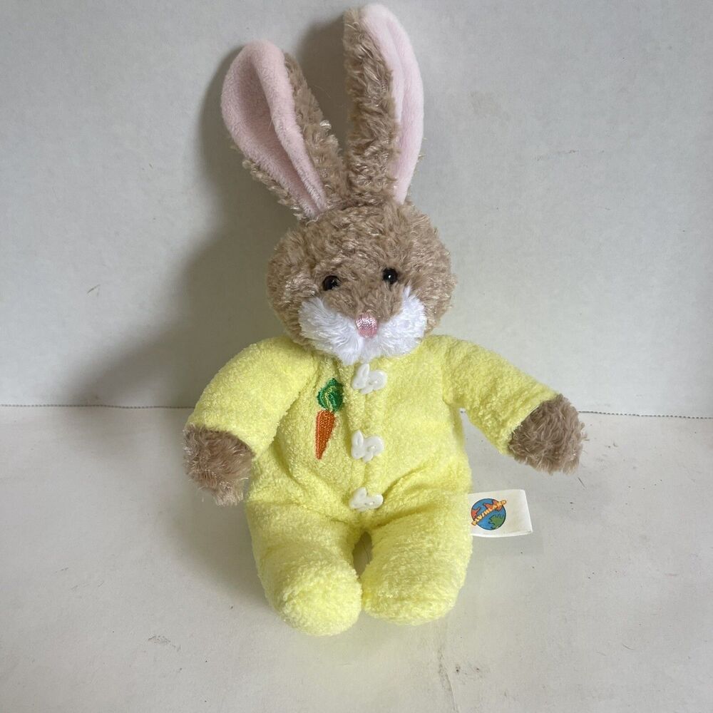 Vtg 2000 Plushland Bunny Rabbit Plush Pjs Yellow Carrots 10” Terry Cloth